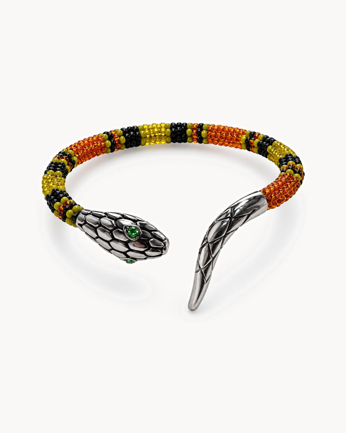 Bracelet jonc serpent argenté en perles — orange et ambre