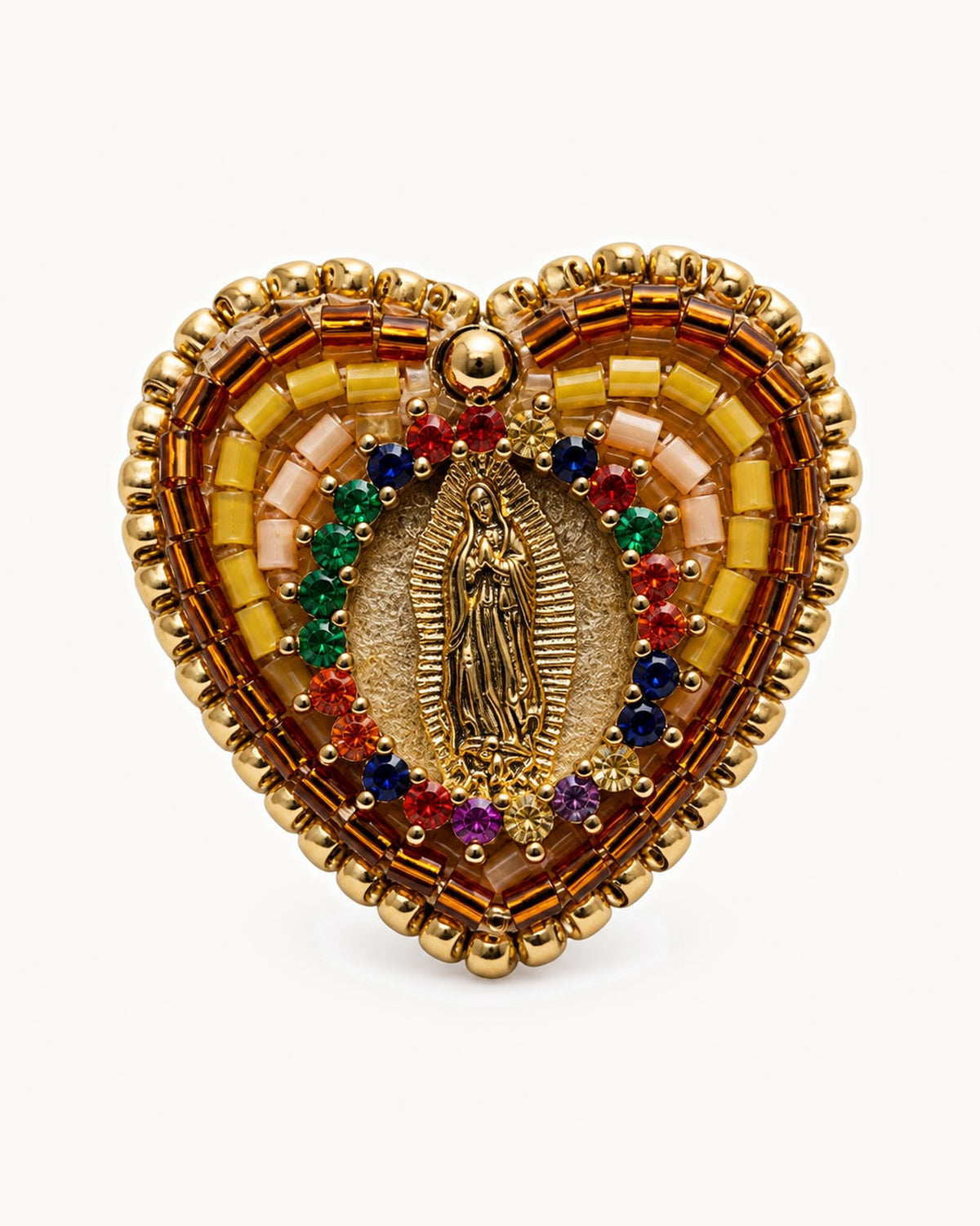 Broche cœur brodé de perles, Vierge dorée — ambre