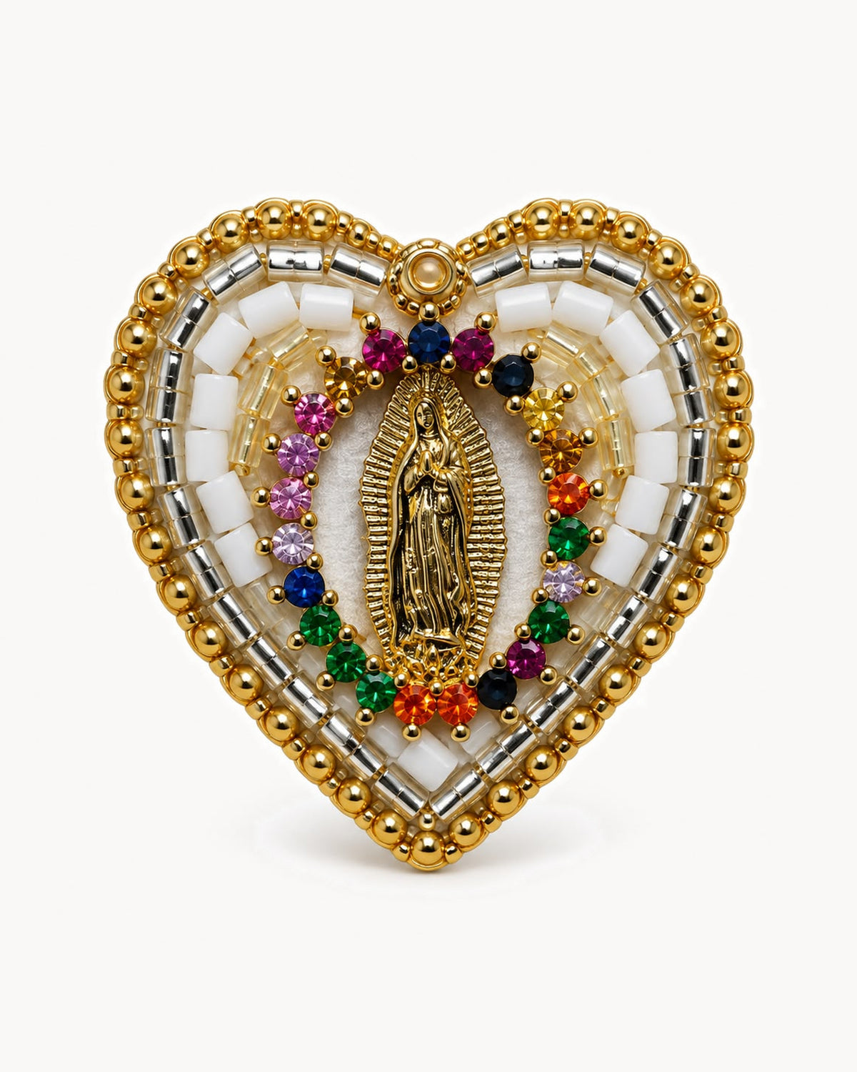 Broche cœur brodé de perles, Vierge dorée — blanc et or