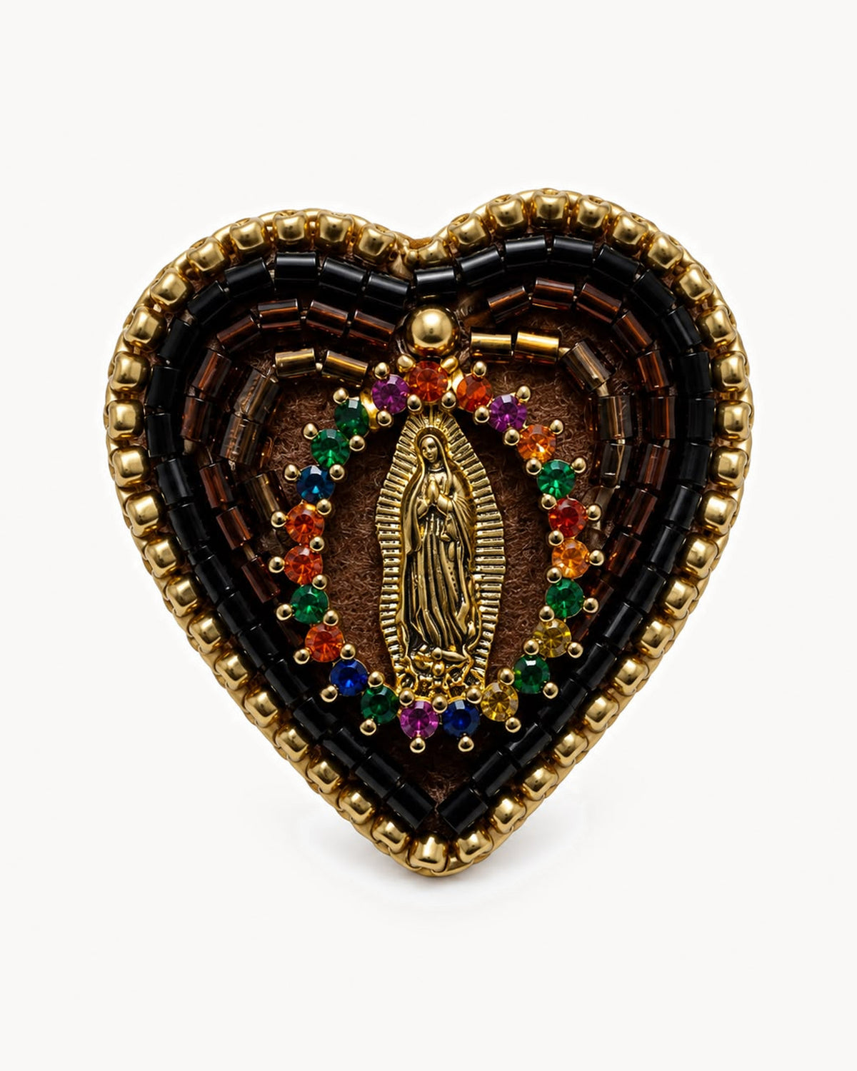 Broche cœur brodé de perles, Vierge dorée — chocolat, strass orangés