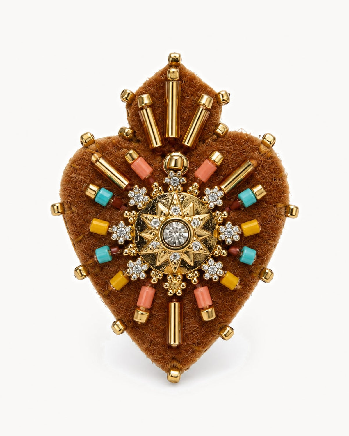 Broche cœur sacré en feutrine et perles — camel