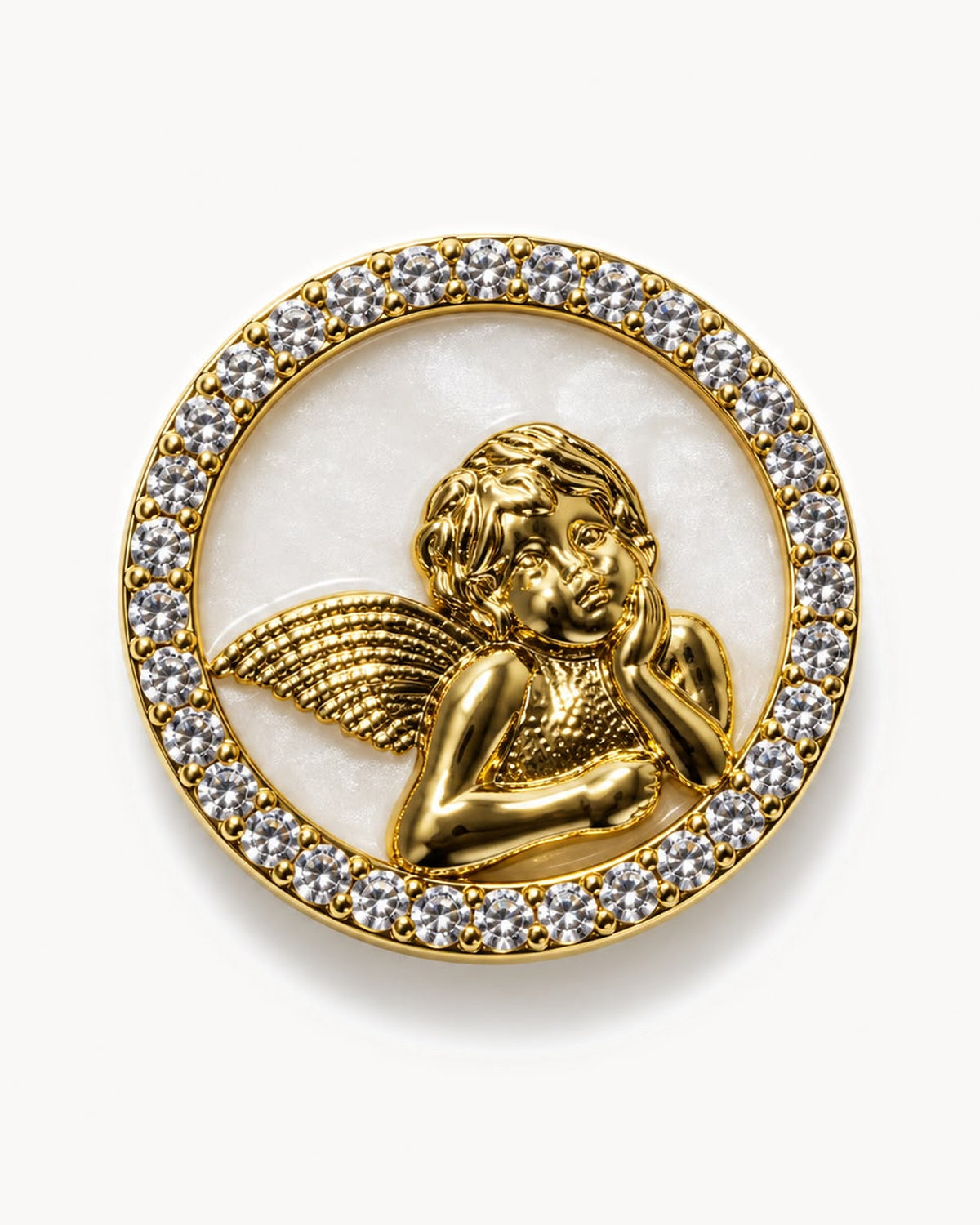 Broche médaille dorée à strass cristal — ange nacré