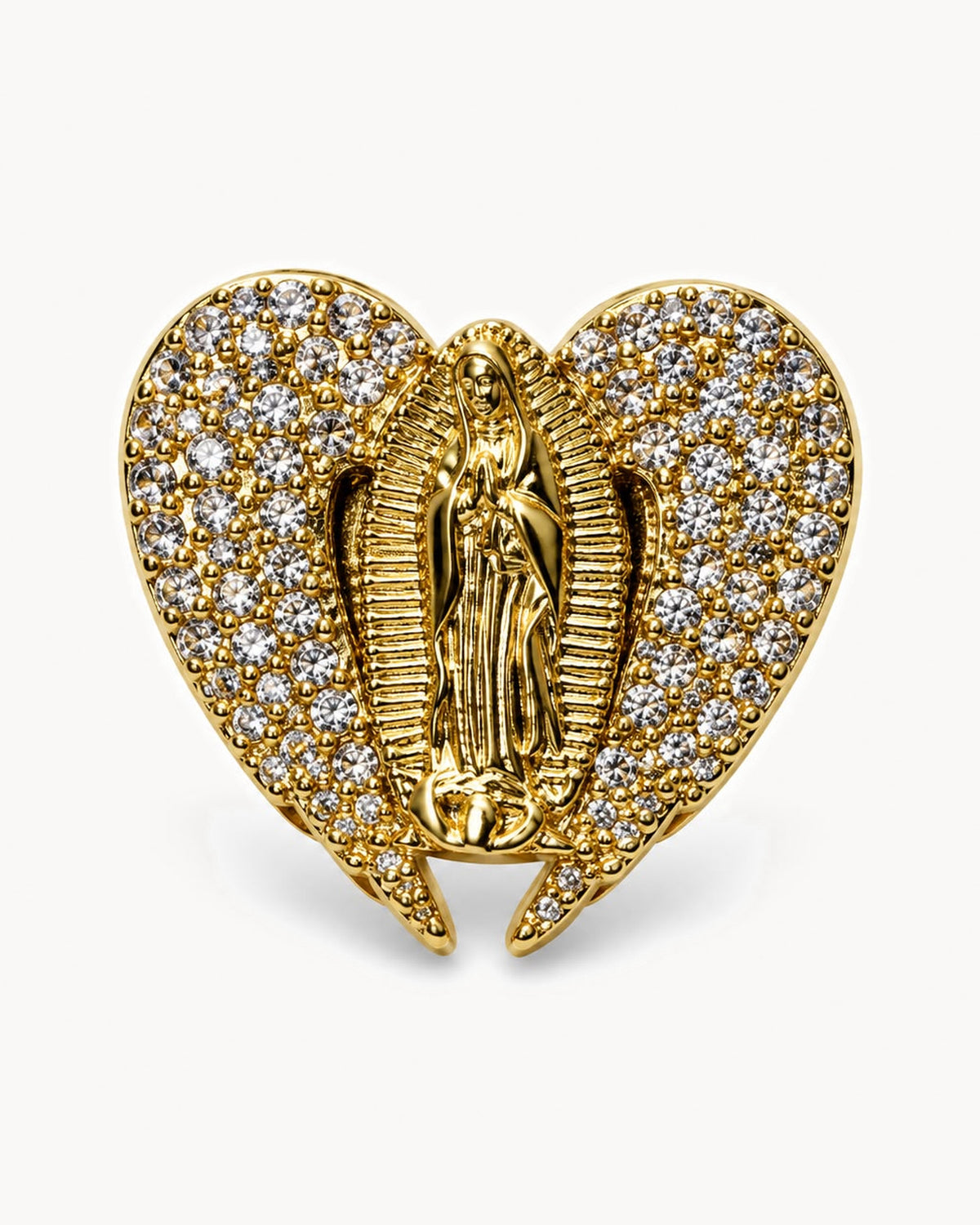 Broche médaille dorée à strass cristal — cœur ailé