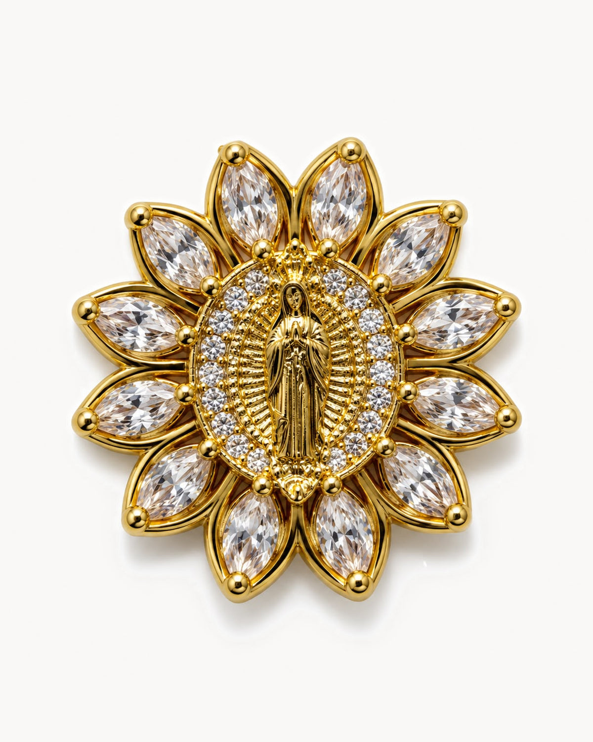 Broche médaille dorée à strass cristal — fleur