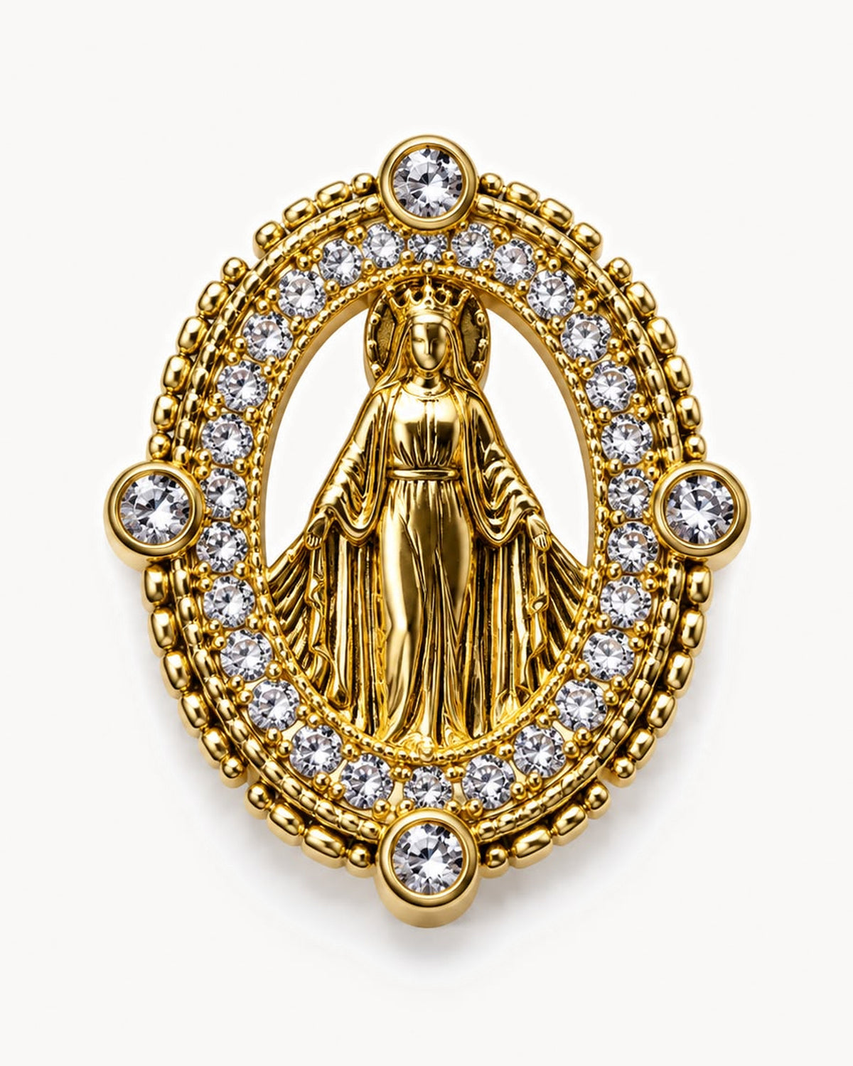 Broche médaille dorée à strass cristal — médaille miraculeuse