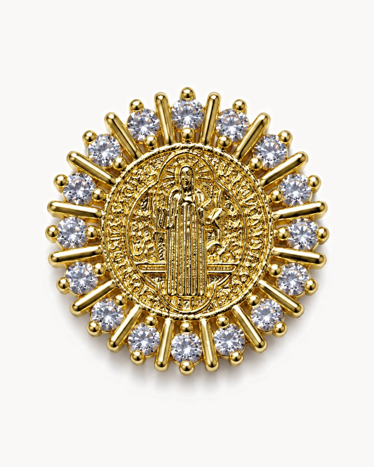 Broche médaille dorée à strass cristal — médaille saint Benoît