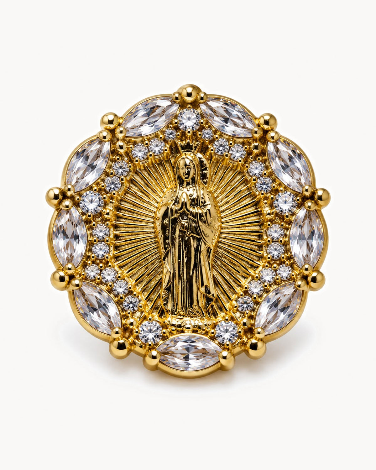 Broche médaille dorée à strass cristal — soleil