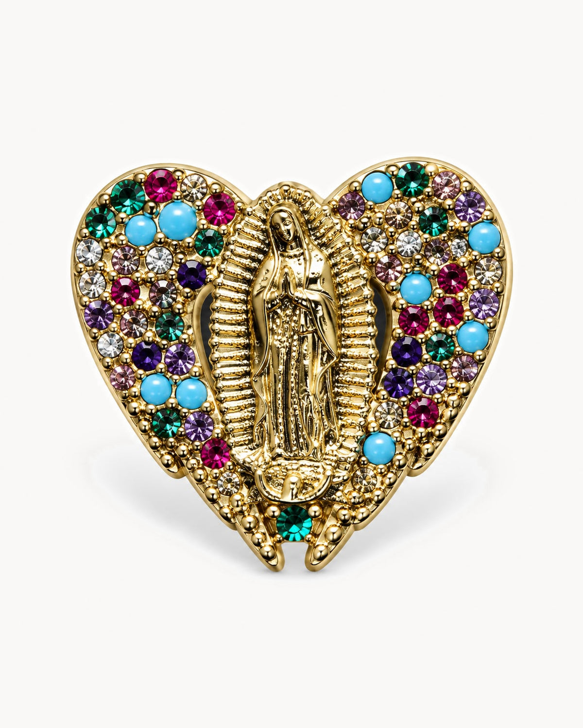 Broche Vierge dorée à strass multicolores — cœur ailé