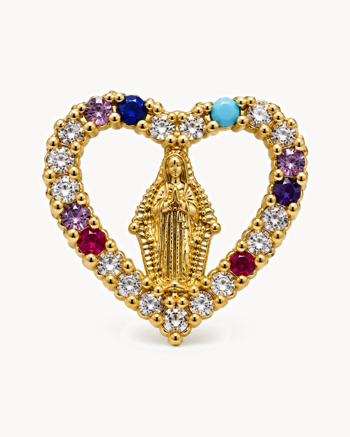 Broche Vierge dorée à strass multicolores — cœur ajouré