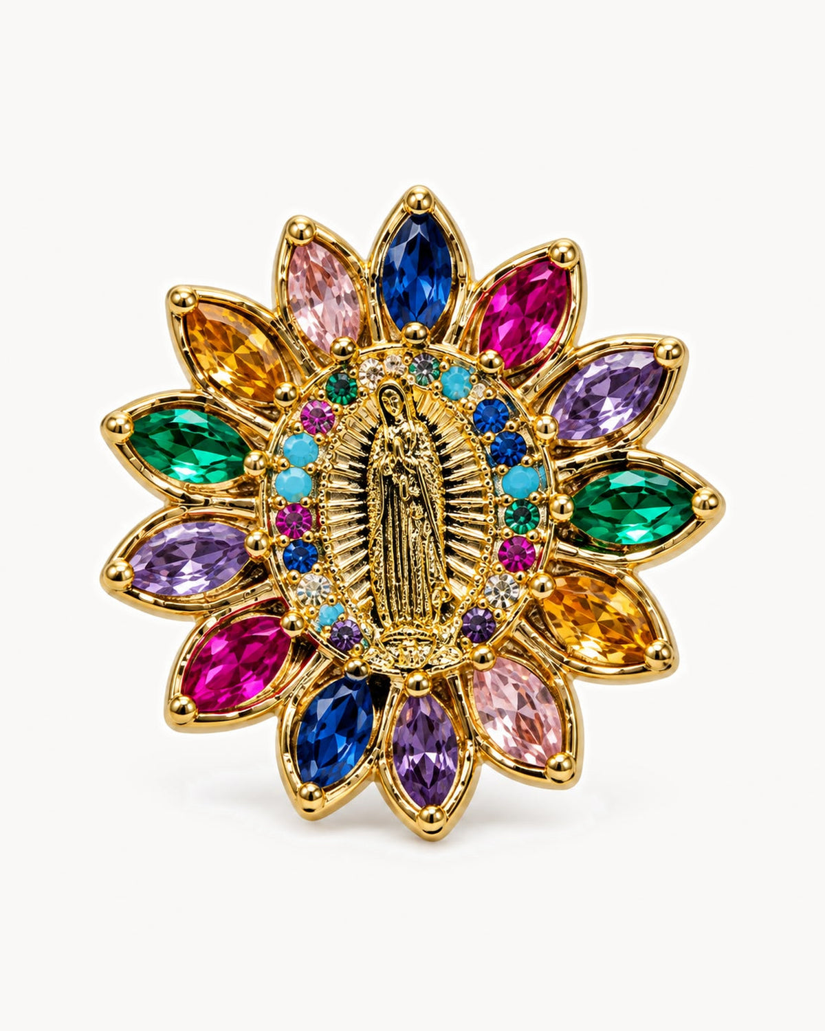 Broche Vierge dorée à strass multicolores — fleur