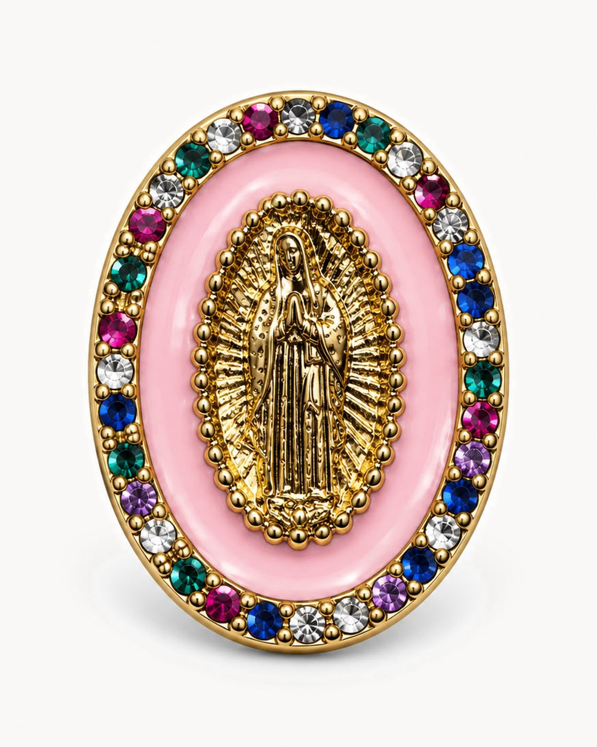 Broche Vierge dorée à strass multicolores — ovale émail rose