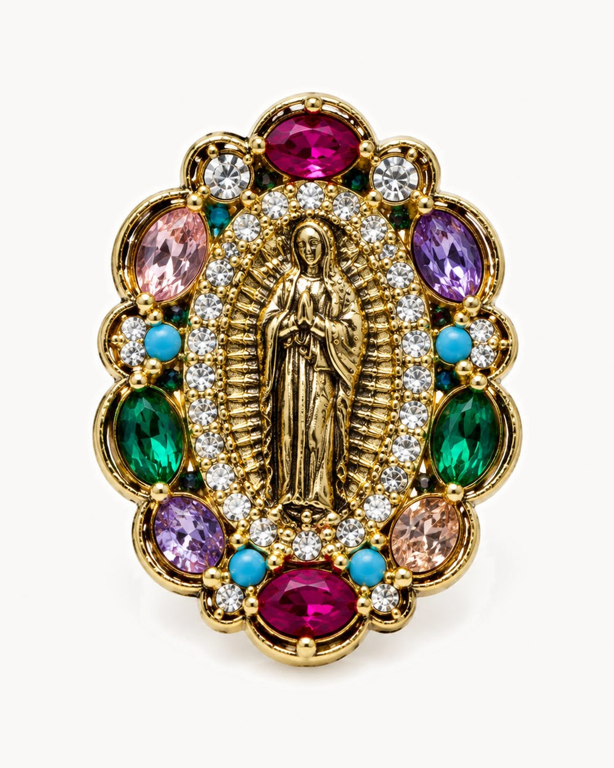 Broche Vierge dorée à strass multicolores — ovale festonné