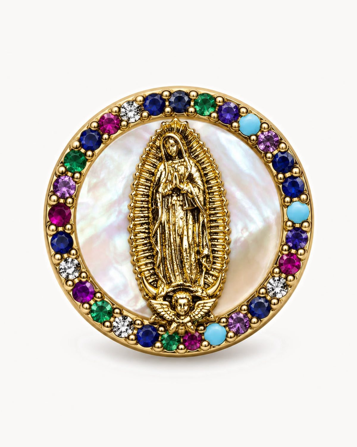 Broche Vierge dorée à strass multicolores — rond nacré