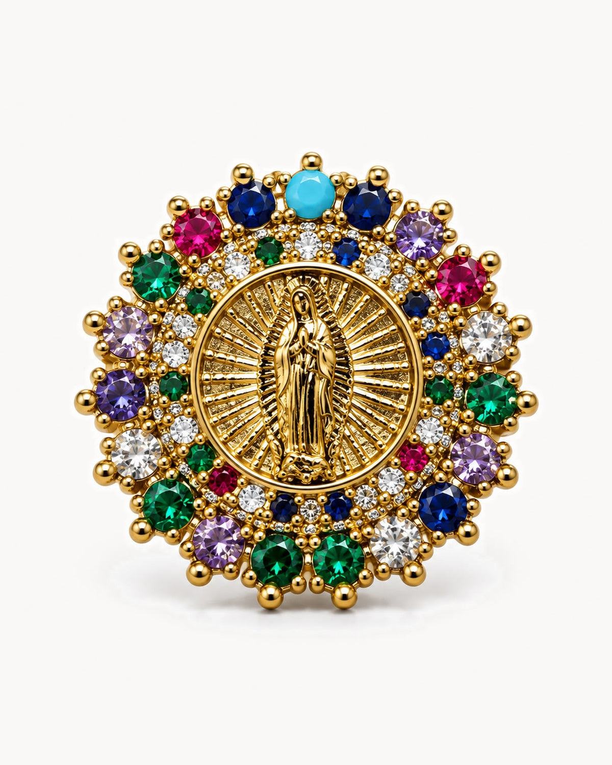 Broche Vierge dorée à strass multicolores — rosace