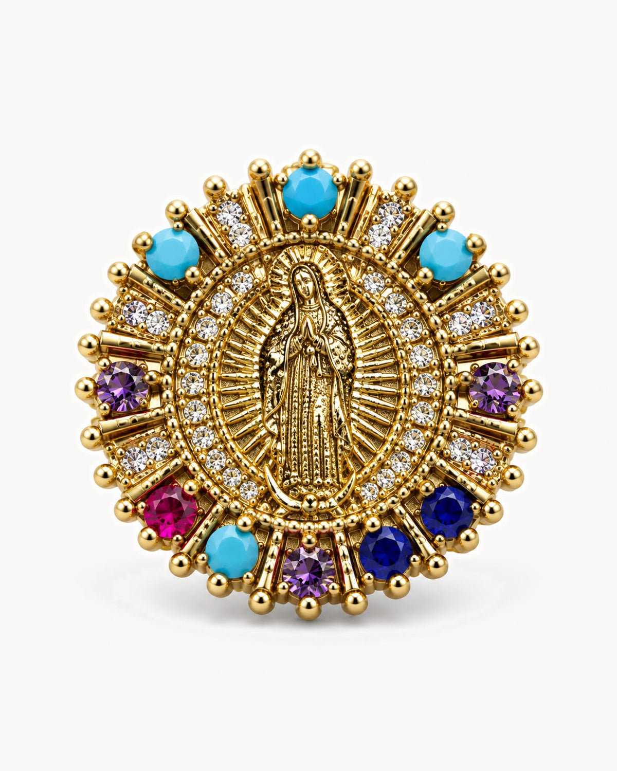 Broche Vierge dorée à strass multicolores — soleil turquoise
