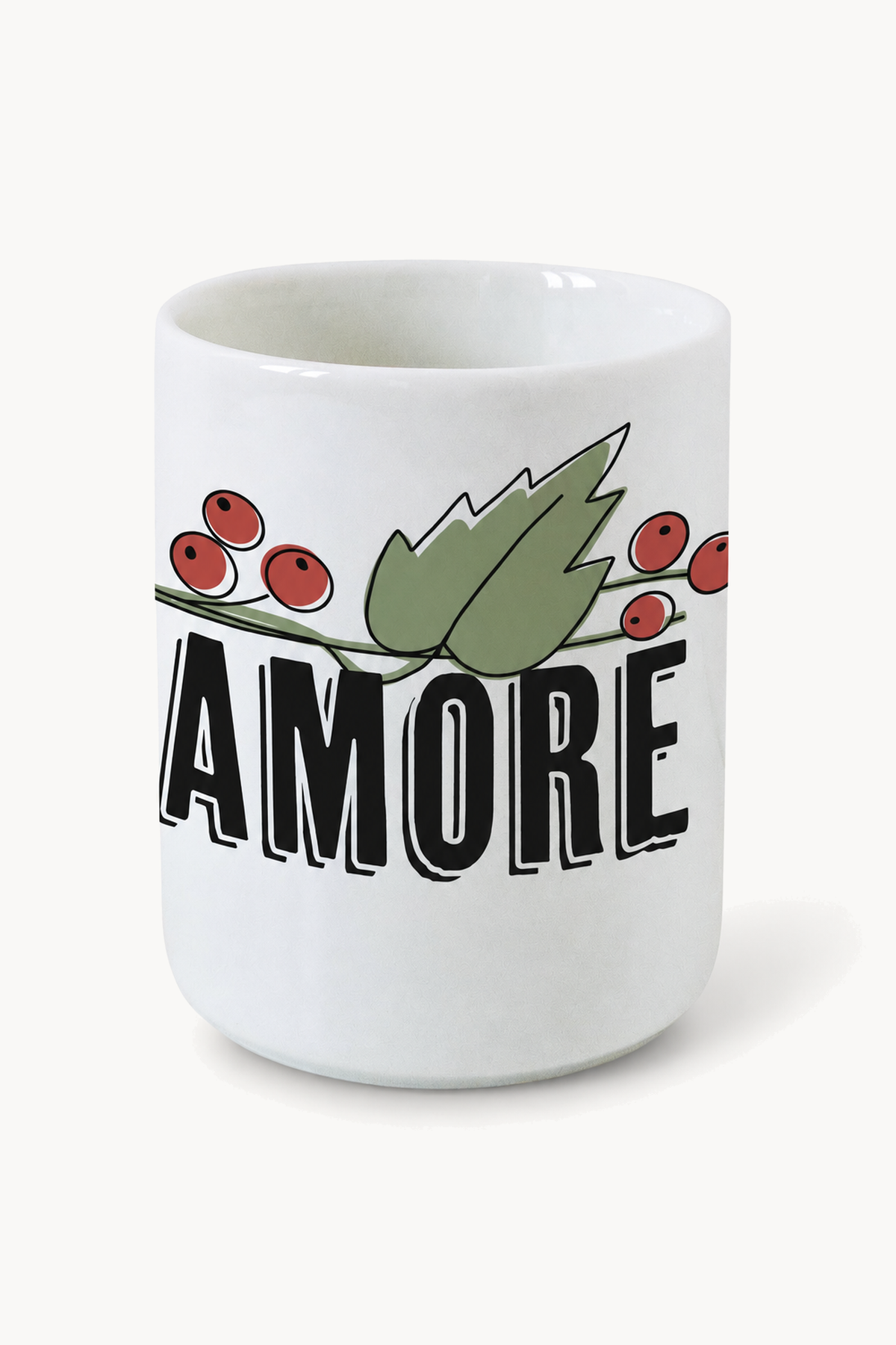 L'AMORE - Gobelet en porcelaine avec écriture, de face sur fond blanc cassé