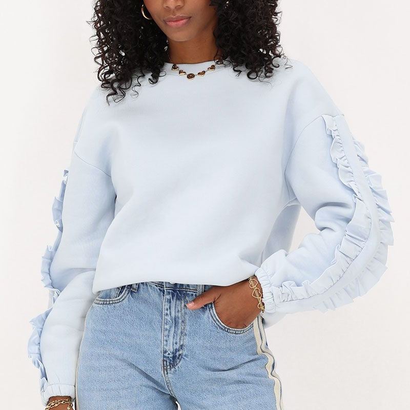 Sweat bleu clair à volants, coton bio et polyester recyclé – Sweat bleu clair à volants, photo 2