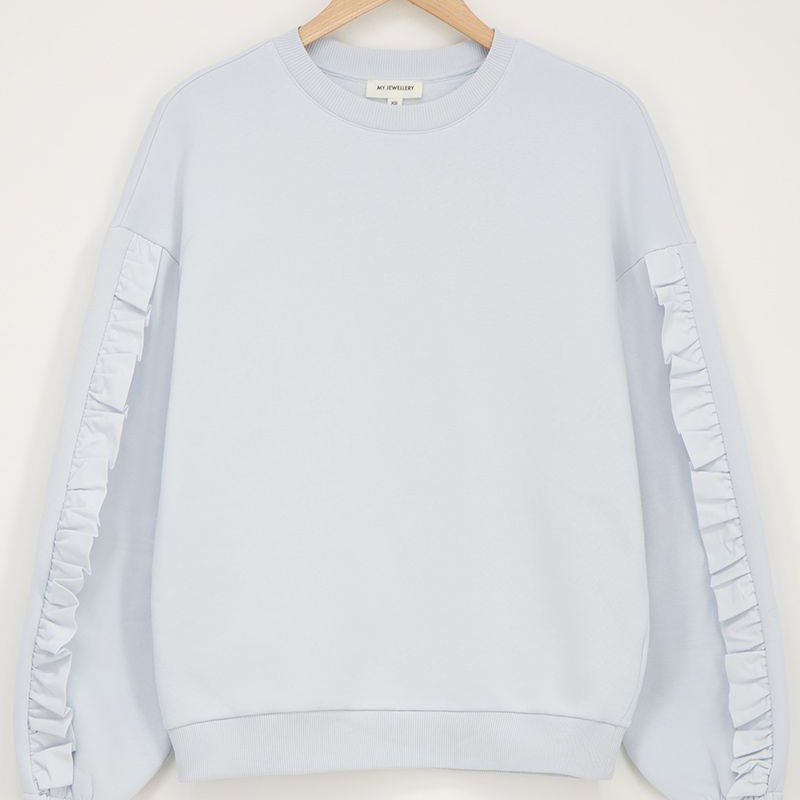 Sweat bleu clair à volants, coton bio et polyester recyclé – Sweat bleu clair à volants