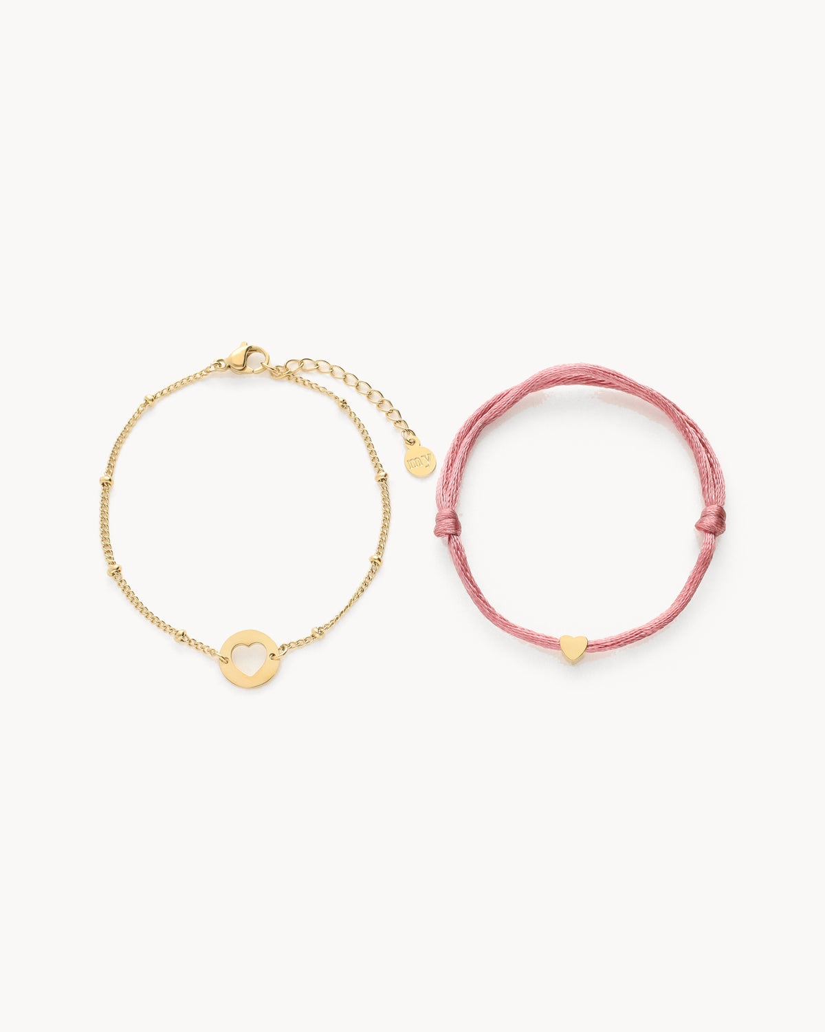 Bracelets duo mère-fille mini, cordon rose — chaîne dorée et cordon rose, de face