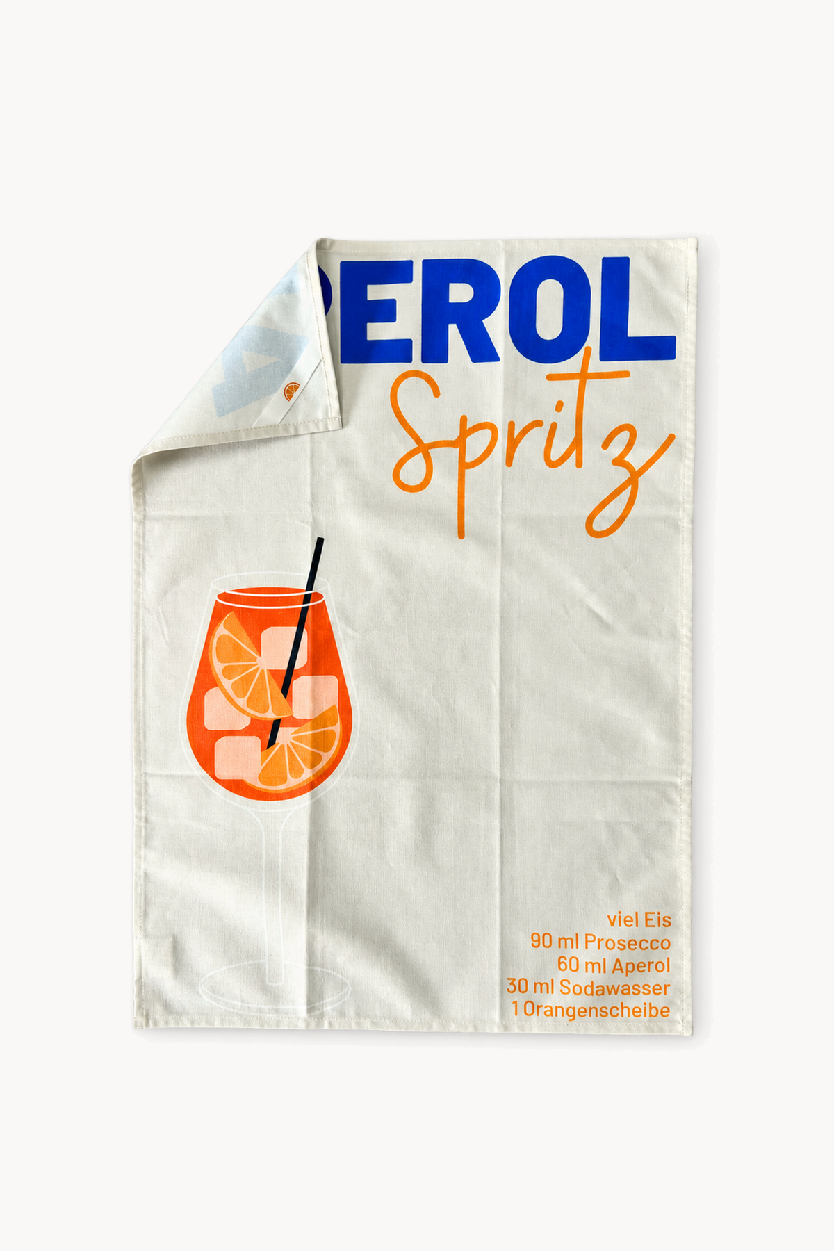 Essuie vaisselle Aperol Spritz, de face sur fond blanc cassé