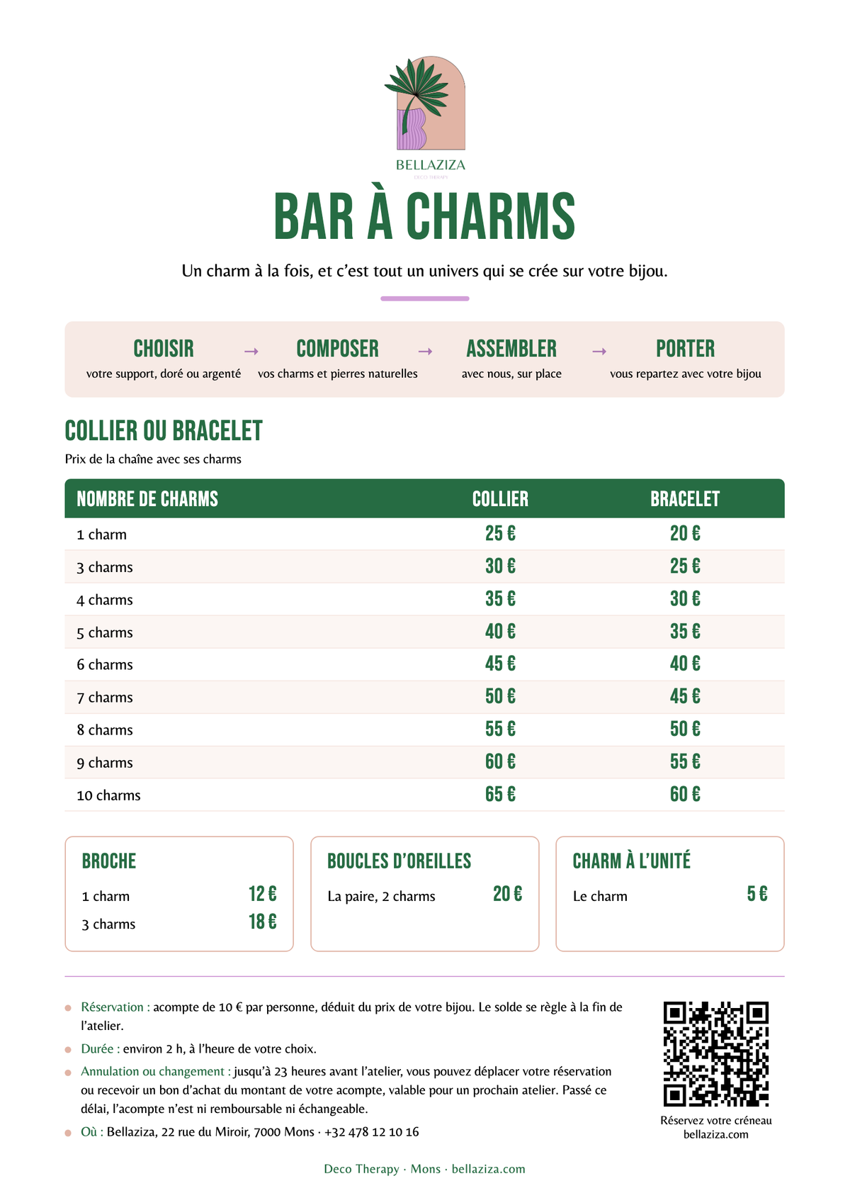 Grille de prix du Bar à Charms Bellaziza à Mons : collier, bracelet, broche, boucles d’oreilles et charm à l’unité