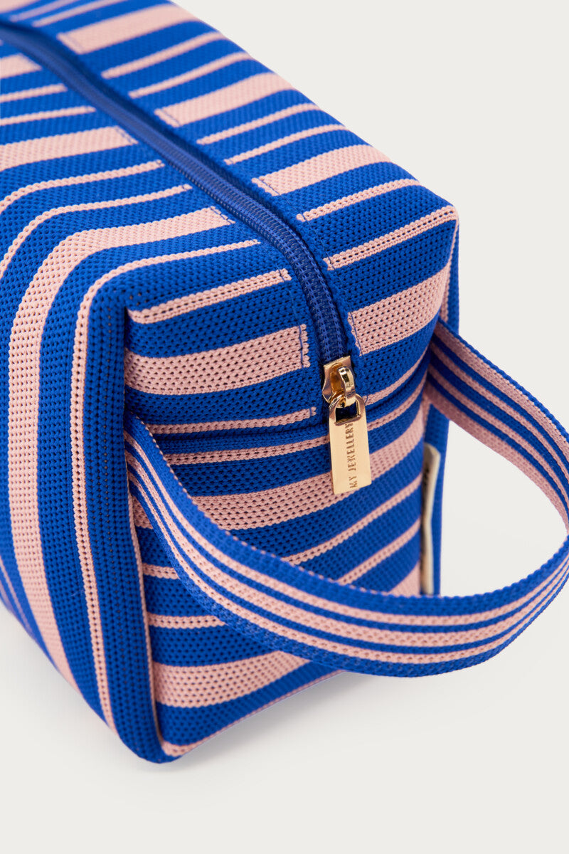 Trousse de toilette bleu foncé et rose à rayures
