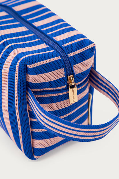 Trousse de toilette bleu foncé et rose à rayures