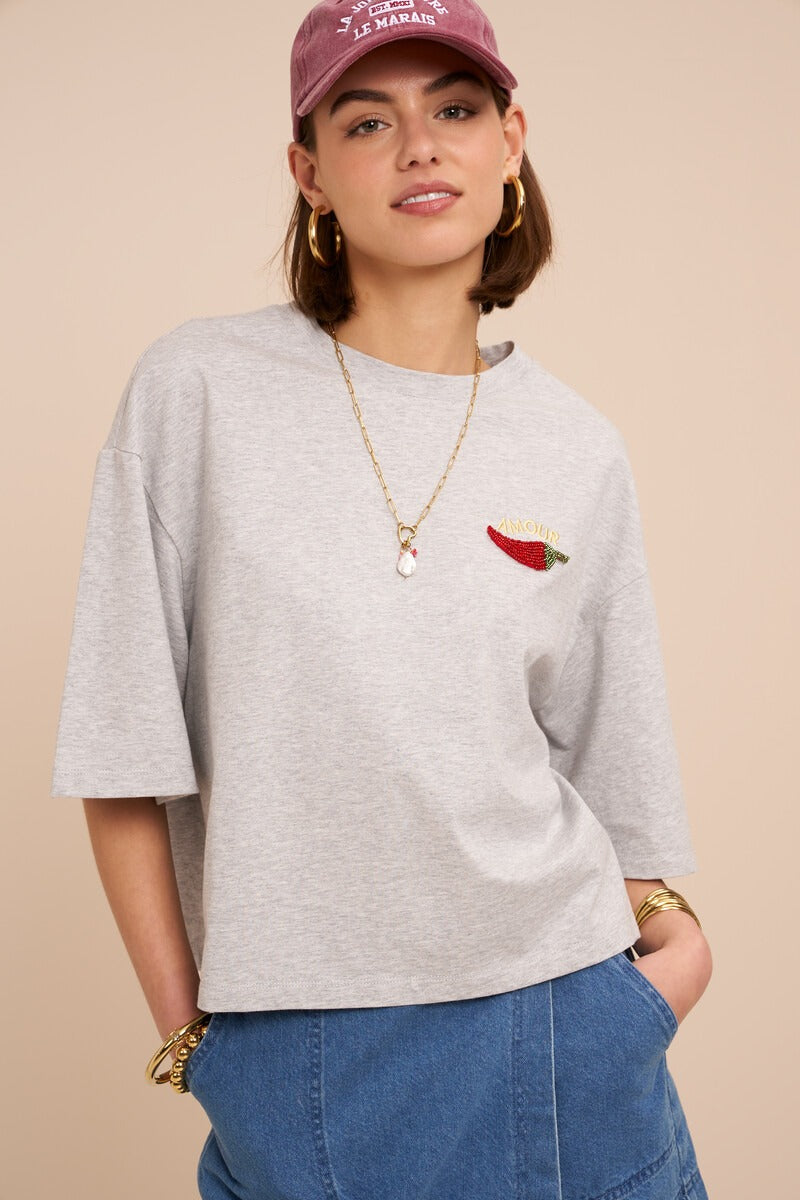 T-shirt gris piment rouge "Amour"