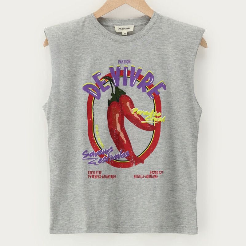 T-shirt sans manches gris "Passion de vivre"