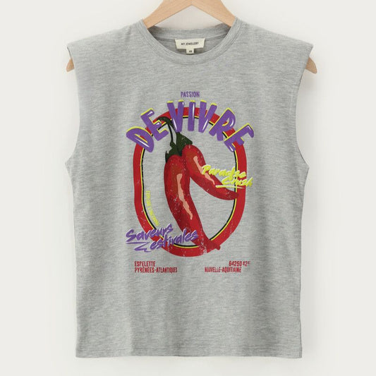 T-shirt sans manches gris "Passion de vivre"