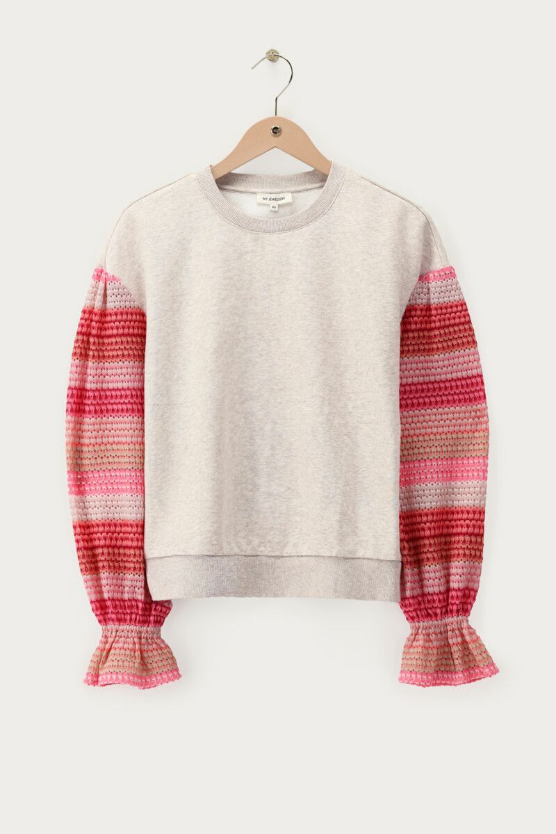 Beige sweatshirt met roze gestreepte mouwen