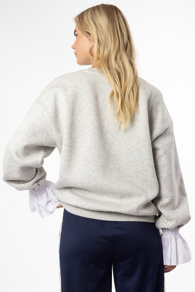 Sweat gris clair avec manchettes en popeline "Coucou"
