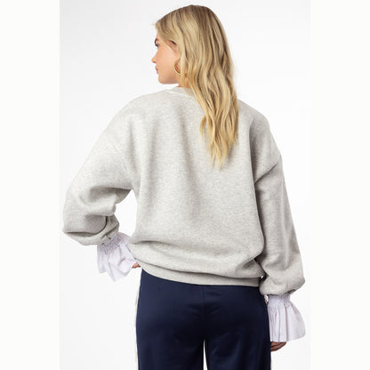 Sweat gris clair avec manchettes en popeline "Coucou"