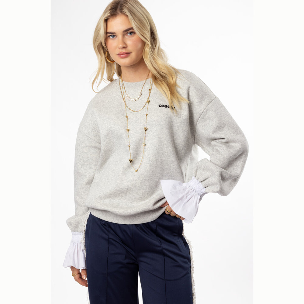 Sweat gris clair avec manchettes en popeline "Coucou"