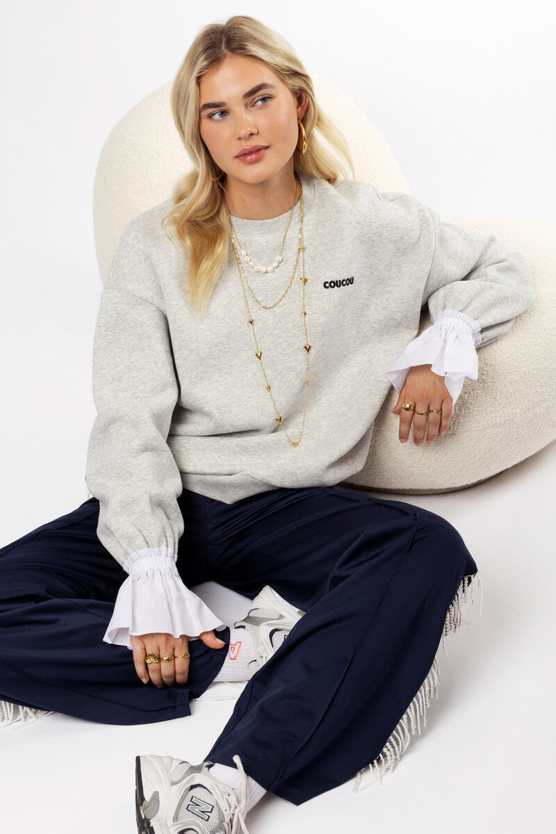 Sweat gris clair avec manchettes en popeline "Coucou"