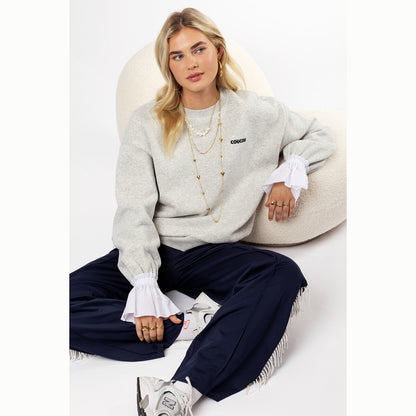 Sweat gris clair avec manchettes en popeline "Coucou"