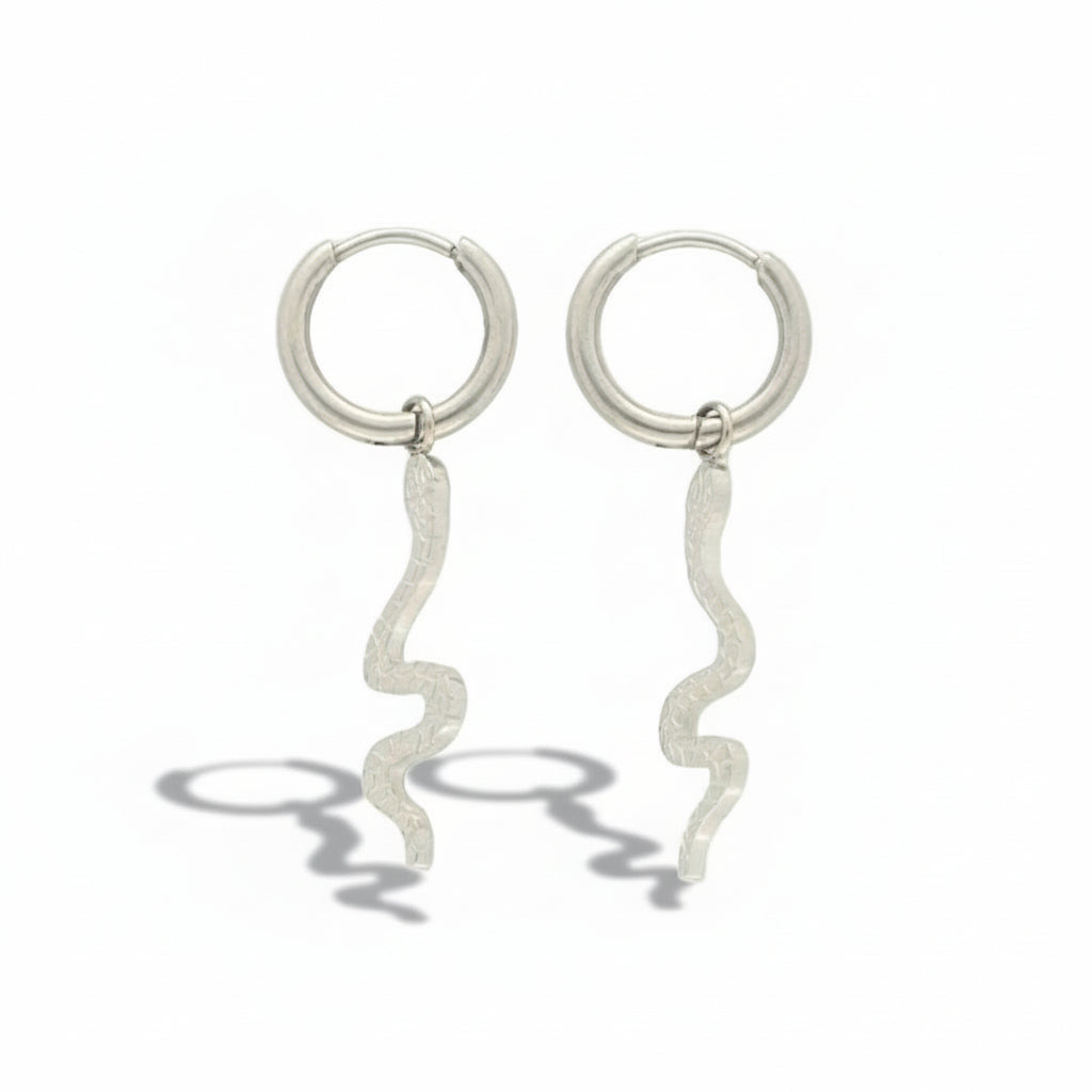 Silver hoop earrings with snake pendant