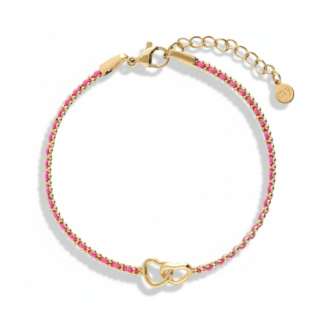 Bracelet en corde rose avec double cœur