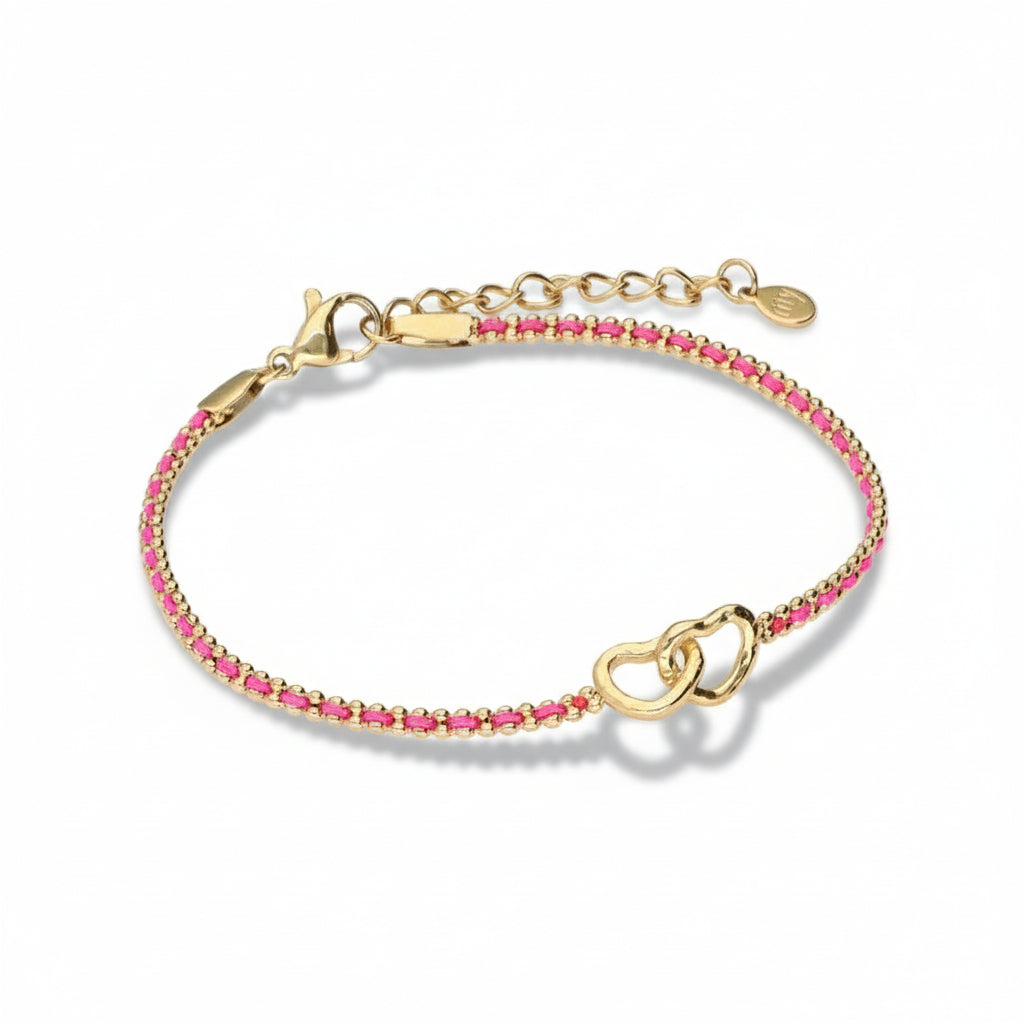 Pink cord bracelet with double heart