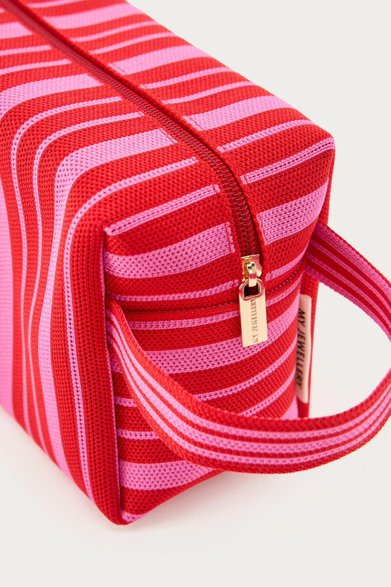 Trousse de toilette rouge et rose à rayures