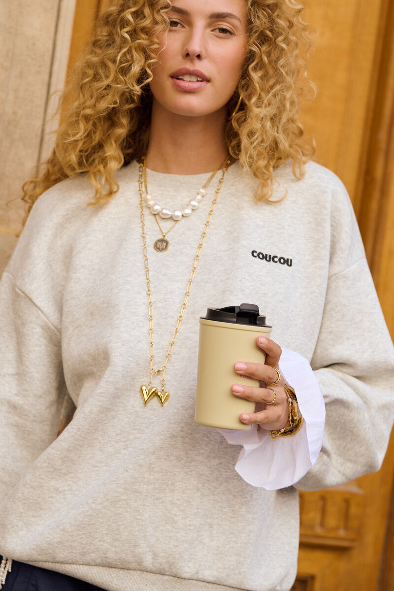 Sweat gris clair avec manchettes en popeline "Coucou"