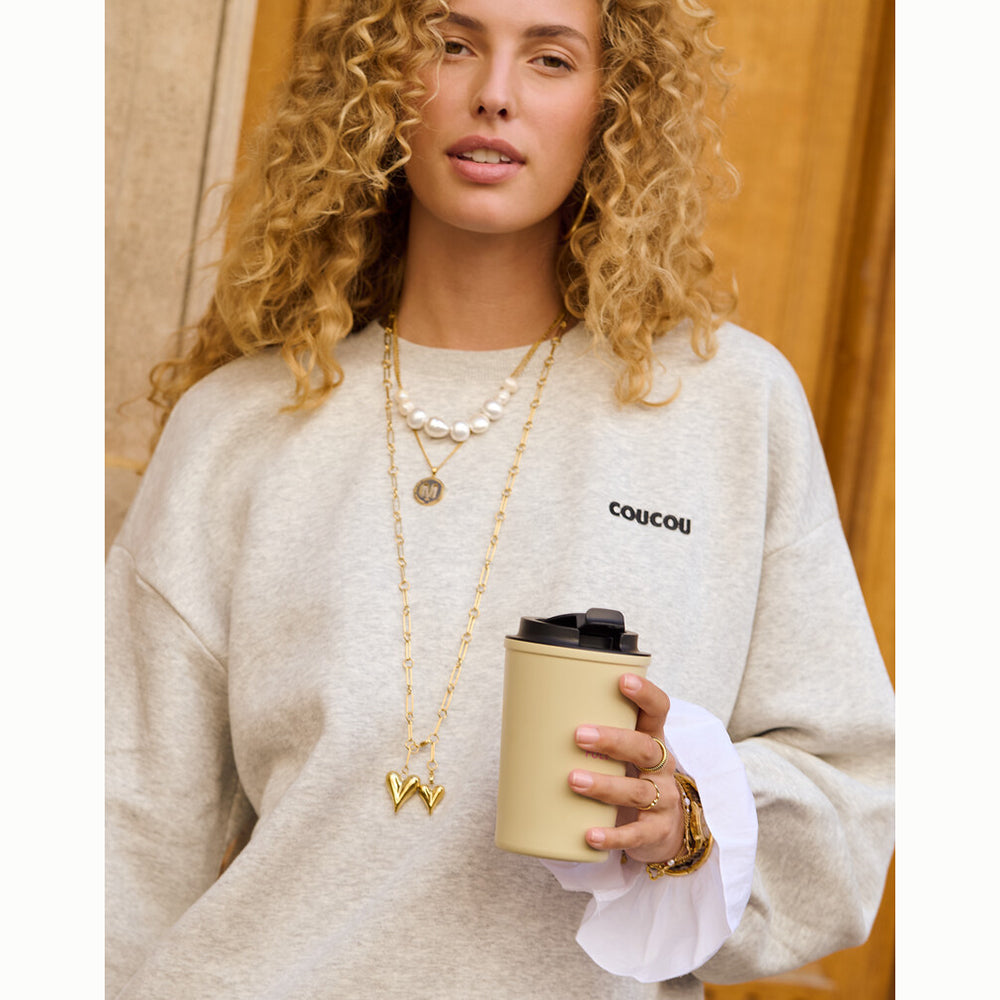 Sweat gris clair avec manchettes en popeline "Coucou"