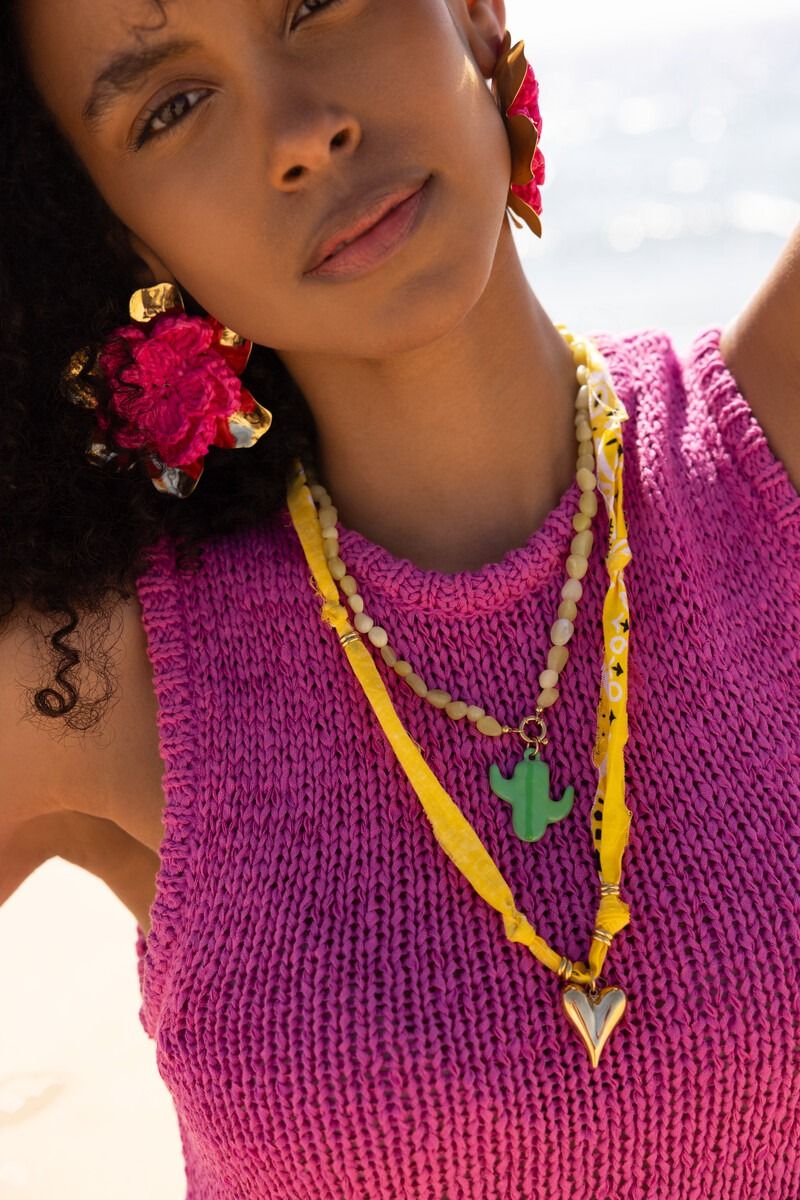 Yellow Tropical bandana necklace with heart