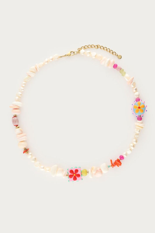 Collier Tropical de perles d'eau douce avec coquillages et fleurs