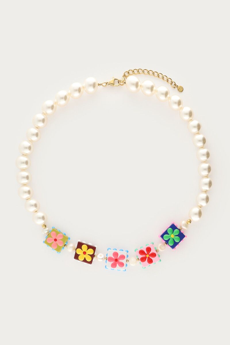 Collier Tropical de perles fantaisie avec fleurs carrées