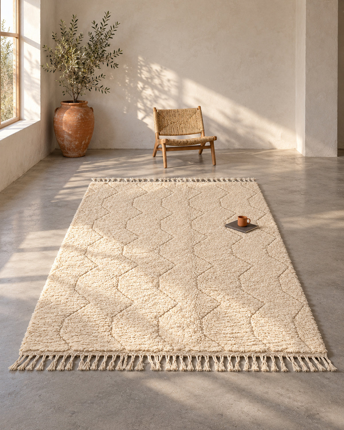 Tapis berbère Beni Ouarain BENI 001 en laine crème à zigzags, 300 × 200 cm, dans un salon lumineux (mise en scène, angle généré)