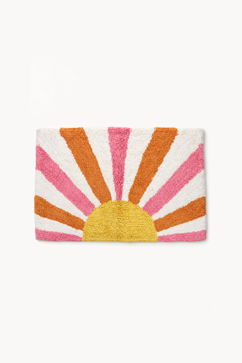 Tapis de bain en coton tufté - Coucher de soleil, de face sur fond blanc cassé