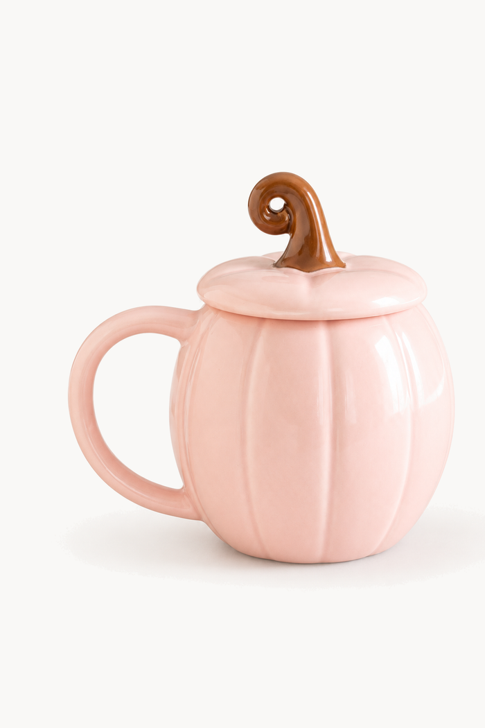 Pink Fall Mug with Lid, Swirly Pumpkin Design