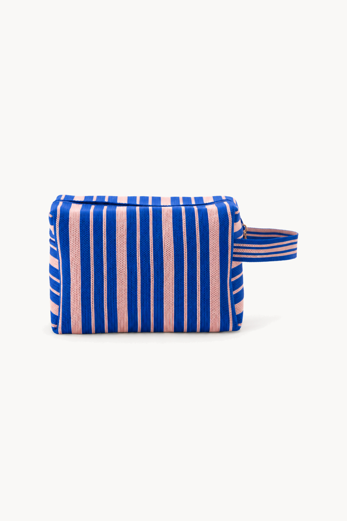 Trousse de toilette bleu foncé et rose à rayures