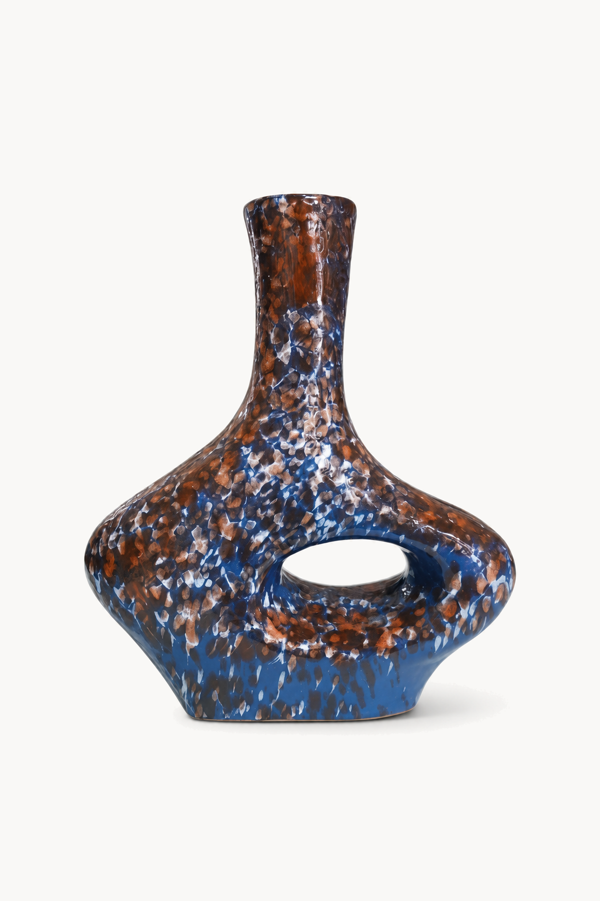Vase émail orange bleu, de face sur fond blanc cassé